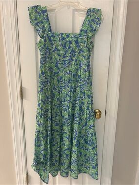 THML Blue & Green Leaf Print Ruffle Strap Maxi Dress
